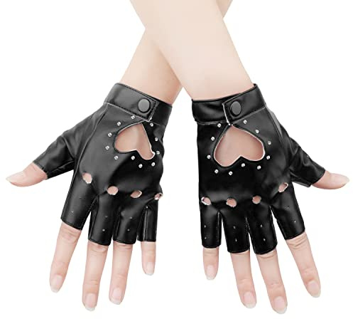 KINBOM 1 Pair Half Finger Leather Gloves, Stylish Fingerless Leather Gloves with Rhinestone Biker Punk Gloves for Halloween Women Girls Cosplay Performance (Black)