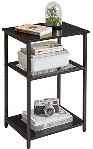 IBUYKE Side Table, 3-Tier End Table, Industrial Nightstand Small Table with Storage Shelf, Bedside Table for Bedroom, Living Room, Hallway, with Metal Frame, Black TMJ403B