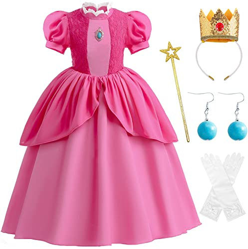 Windskids Princess Peach Kleid mit Zubehör Mädchen Prinzessin Pfirsich Rosa Prinzessin Kleid Verkleidung Fasching Geburtstag Halloween Party Karneval Ankleiden Cosplay Outfit Alter 3-9 Jahre