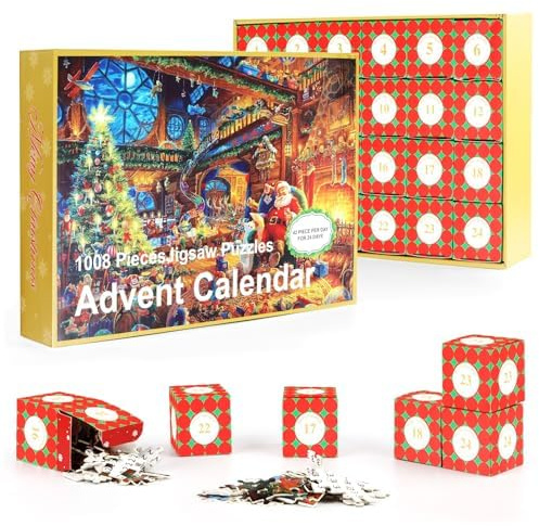 Jigsaw Advent Calendar 2025, Christmas Calendar Jigsaw Puzzles 1008 Pieces, Santa Claus Jigsaw Puzzle, Christmas Gifts for Adults and Children, 24 Puzzle Boxes for Countdown to Christmas (A)