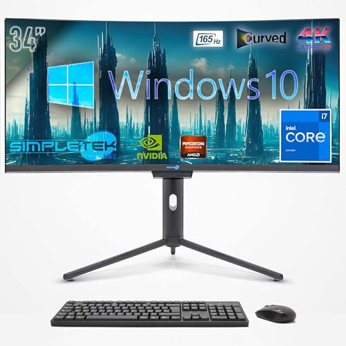 SIMPLETEK - All in One PC mit 34 4K Wide Curved Bildschirm | Core i7 Prozessor | Windows 10 Pro | 4GB RAM SSD 120GB | GT710 1GB | Integrierte 2K Webcam