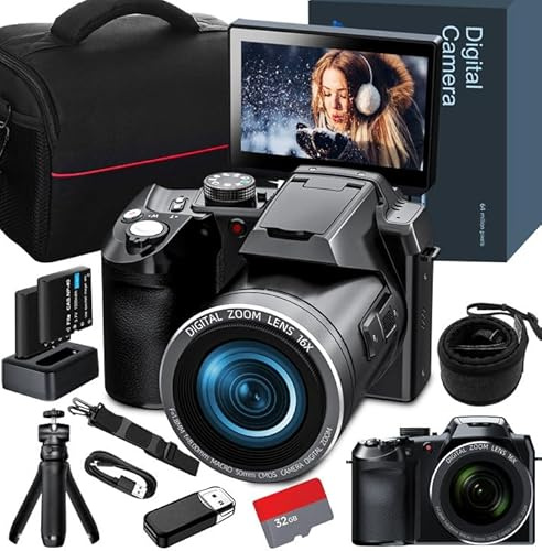 Monitech 64mp cámara digital para fotografía, foto vlogging 4K para YouTube con pantalla de 3 pulgadas, zoom digital de 16x, conexión Wi - FI, autofoco, trípode, 2 pilas, tarjeta TF 32gb(S200)