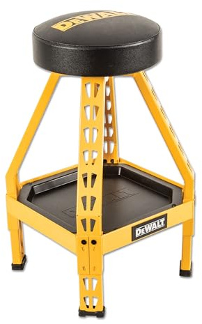 DEWALT Robuster Metallhocker für Garage und Geschäft, 360° drehbar, Ablageschale, gepolsterter, reißfester Sitz, Stahlrahmen, industrielle Pulverbeschichtung