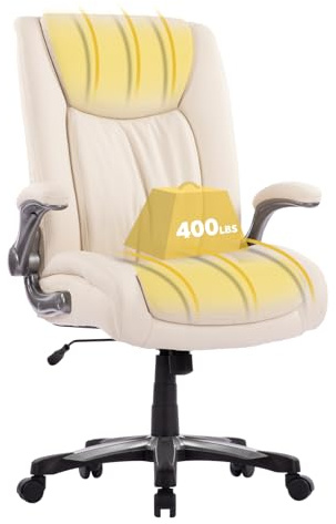COLAMY Big and Tall Office Chair 400lbs, Large Heavy Duty High Back Executive Computer Office Desk Chair Flip-up Arms Wide Thick Seat for Home Office (Ivory)