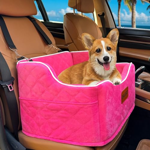 DAIIST Dog Car Seat for Small Dogs, Memory Foam Dog Booster Seat for Medium Dogs Under 35lbs, Detachable and Washable Elevated Pet Car Seat with Storage Pockets (Rose Red, One Size)