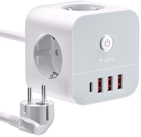 VEFVE Steckdosenwürfel 3m Kabel mit 20W USB C Schnellladung | Kompakter Mehrfachstecker 3680W für Zuhause und Büro. 3 Steckdosen, 4 USB. Mit praktischem Schalter und Kindersicherung