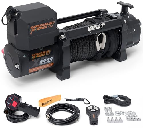 KANGAROO WINCH Schnelle Elektrische Seilwinde 12V, 8000 lbs Zugkraft | mit Funkfernsteuerung - Langlebiges Kunststoffseil - Perfekt für Offroad - 4x4 Forst- und Nutzfahrzeuge (K8000XP)