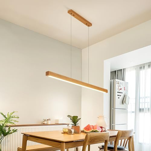 Lineare Hängelampe mit Fernbedienung, LED Pendelleuchte esstisch holz Dimmbar, Linear Design Hängeleuchte Esstisch lampe, höhenverstellbar Kronleuchter für Esszimmer Küche Büro Lampe (Holz, 60cm)