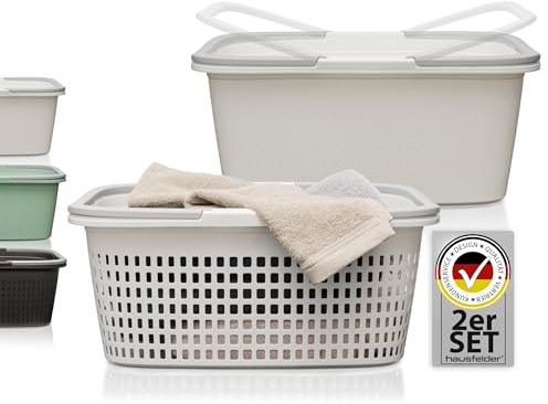 Hausfelder Wäschekorb + Wäschewanne, 2er Set, 58x37x25cm, Weiß | Kunststoff Tragewanne 58x37x25cm, Stapelbar, BPA-frei, Wäschesammler quadratisch für Badewanne, Bad, Camping