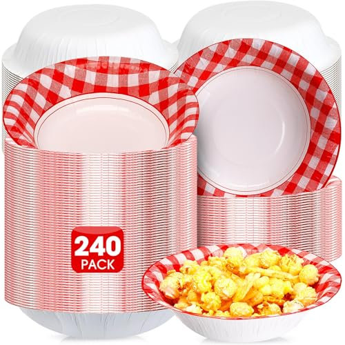 Nuogo 240 Pcs Red Checkered Bowls Gingham Paper Bowls 16oz Red Ice Cream Salad Disposable Cups for Picnic Barbecue Pizza Birthday Party Supplies