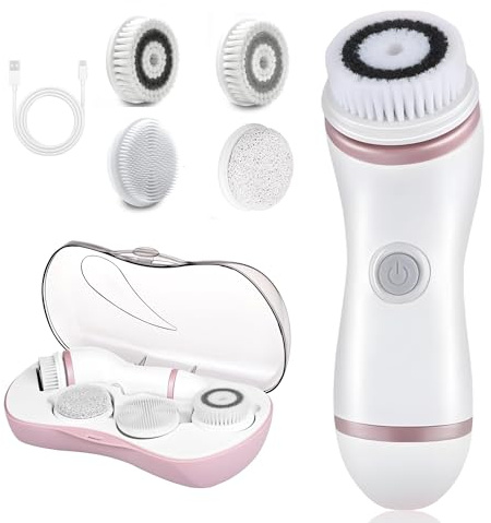 Facial Cleansing Brush, 4 in 1 Electric Face Scrubber with Travel Case and 4 Brush Heads, Waterproof Facial Cleansing Spin Brush for Gentle Exfoliation and Deep Cleaning (Pink)