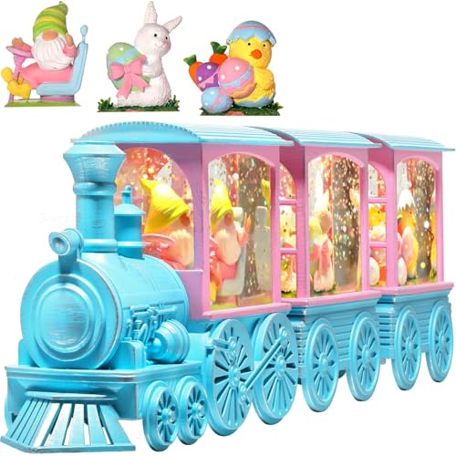 Gorrzai Easter Snow Globe Lighted Bunny Snow Globes with 6H Timer and Manual Glitter, Light Up Easter Decorations for Home Indoor Bunny Decor Gift with Train Gnome Chicken Eggs, Battery Operated