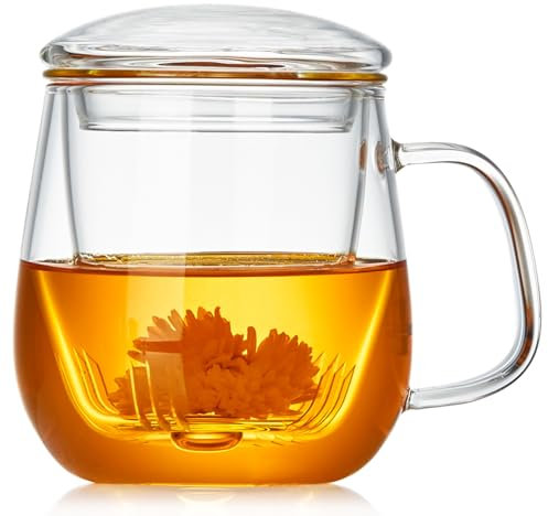 MESNEY Tazza da Tè in Vetro Borosilicato da 520 ml con Infusore e Coperchio – Tazza Elegante per Tè Sfuso, Adatta al Microonde e Lavabile in Lavastoviglie, Regalo Perfetto per Amanti del Tè