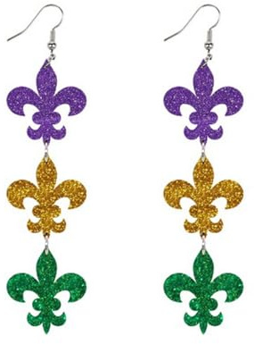 Boucles d'oreilles pendantes légères en acrylique - 3 couches - Fleur de lys - Masque de couronne - Charmes - Carnaval - Parade - Crochet de poisson - Longues paillettes - Violet, jaune, vert -