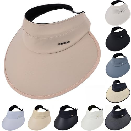 HINGTAT Sombrero de visera para el sol, tamaño de cabeza ajustable de 55 a 60 cm, protección UV con cuerda resistente al viento de 30 cm, sombrero de protección solar de ala grande de vinilo, para