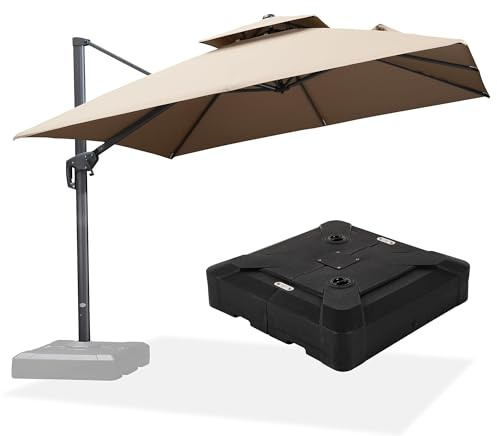 PURPLE LEAF Parasol Déporté 3 x 3 m à Double Toit avec Pied, Jardin Extérieur avec Manivelle Améliorée, Mât Élargi et Épaissi, 6 Niveaux D'inclinaison et Rotation à 360°, Taupe