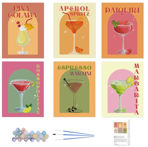 6 Pack Paint by Numbers Kits for Adults, Retro Cocktail Painting Kits for Beginners, Easy DIY Painting by Number Kit On Canvas Arts Crafts for Bar Party Room Home Wall Decor 20 x 25 CM Frameless