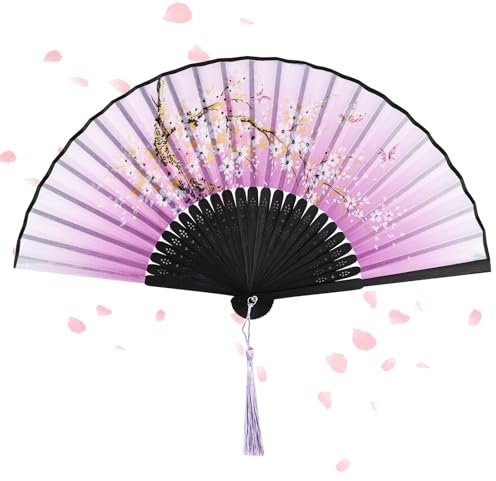 Alaoo Folding Fans, Handheld Fan Fabric Manual Fan Chinese Fans with Tassel for Birthday Gifts Dancing Cosplay Wedding Party Props Decoration(Purple)
