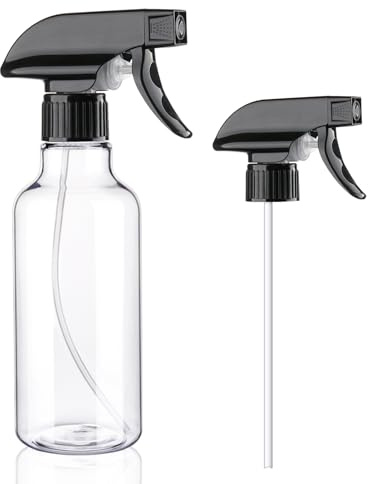 Hethyo Spray Bottles Plastic Spray Bottle for Hair Mist/Stream Heavy Duty Empty Spray Bottles for Cleaning Solutions, Plants, Cooking, 12oz-Blackclear+nozzle, 12 Ounces