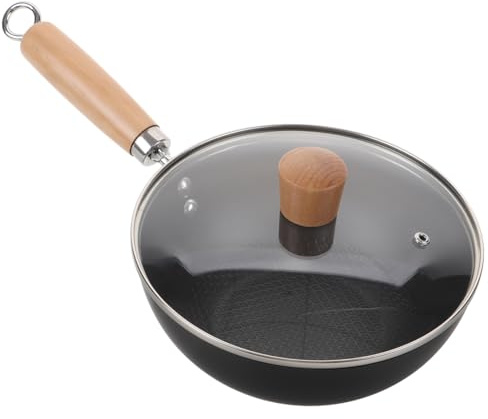 PRETYZOOM Small Wrought Iron Bottom Wok with Lid Japanese Mini Non-Coated Pan for Home Cooking Even Heat Conduction Multipurpose Frying and Steaming Pan