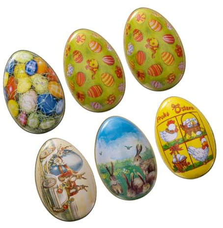 LOORGVEL 6pcs Easter Egg Shaped Candy Box Set with Biscuit Storage Metal Easter Cookie Container for Sweets Packaging and Candy Holder Suitable for Gift Baskets