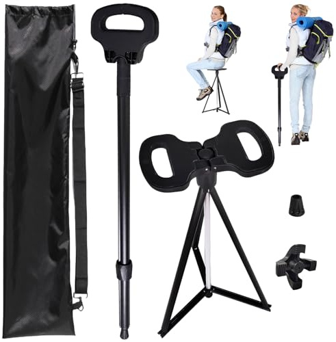 Bastón ajustable en altura con asiento, bastón portátil de aluminio plegable con bolsa de almacenamiento, alfombrilla triangular y alfombrilla de una sola pata, adecuado para adultos y personas