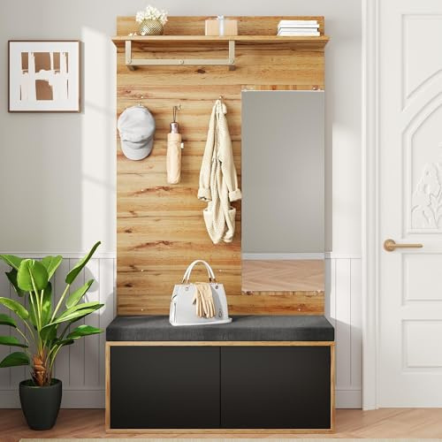Merax Ensemble vestiaire 100 x 38 x 190 cm, avec miroir et banc, garde-robe compacte avec coussin rembourré, armoire à chaussures avec porte rabattable, crochet et tringle à vêtements, couleur bois