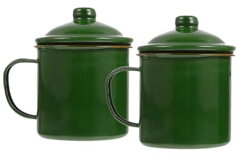 Angoily Lot de 2 Tasses Émaillées Vert Militaire 9 Cm avec Couvercle, Résistantes la Chaleur, Multi-usages pour Camping, Bureau et Maison, Gobelets Portables pour Café, Thé et Jus