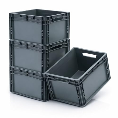 RODOPI 4x Eurobox 40x30x27 cm, stapelbar, graue Transportbox aus PP-Kunststoff, Eurobehälter mit 2 Grifföffnungen, Aufbewahrungsbox für Lager, Werkstatt, Haushalt