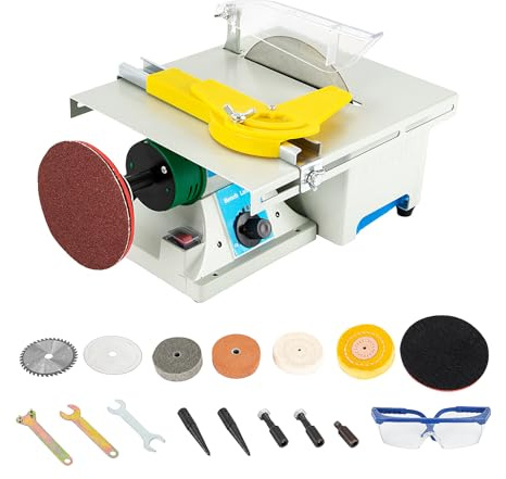 HUOMMGS Sega circolare da tavolo 3 in 1 piccola e a nastro Stationaer & smerigliatrice | profondità di taglio 0-10 mm | area mandrino 1,5-10 mm | seghe circolari da tavolo con 2 lame per sega, 5