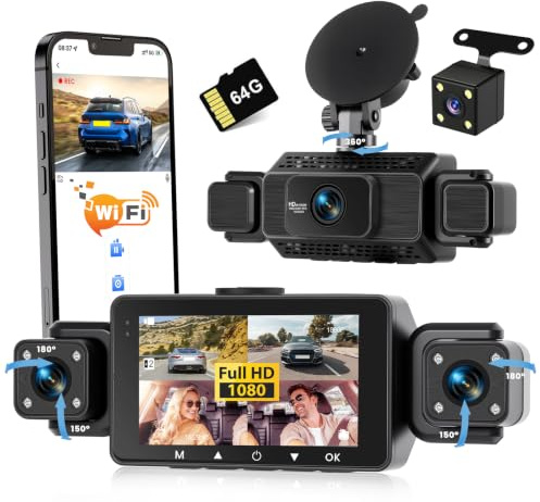 Realdio Dash Cam 4 kanaler 1080P Front- och baksidan, WiFi, Vidvinkel | 3 tum IPS-skärm, 64 GB SD-kort, 8 IR-lysdioder, G-sensor och loop-inspelning