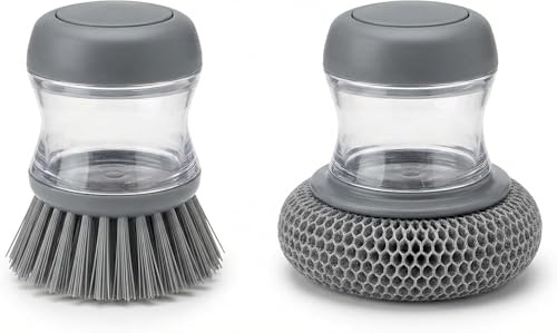 Soap Dispensing Palm Scrub Brush & Sink Cleaning Brush Set – Refillable Dish, Pot & Pan Cleaning Tools – Kitchen & BBQ Scrubber Kit – Grey (2 Piece Set)