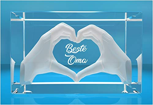 VIP-LASER 3D Glas Kristall mit Gravur I Herz aus zwei Händen I Text: Beste Oma! I Das tolle Geschenk zum Muttertag, Geburtstag oder Weihnachten