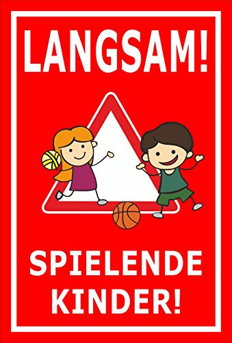 Melis-Folienwerkstatt Schild Langsam - Spielende Kinder – 60x40 cm – 3mm Hartschaum – Bohrlöcher – mehrere Größen/Materialien