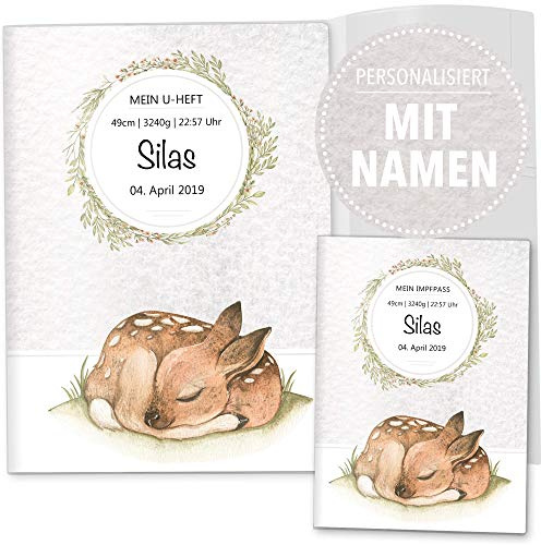 OLGS U-Heft Hüllen 3-teilig Set | Baby Tiere | Hochwertige Hüllen für Kinder Untersuchungsheft & Impfpass | Geschenkidee personalisierbar mit Namen, Geburtsdatum (Uhefthülle Set personalisiert, Reh)