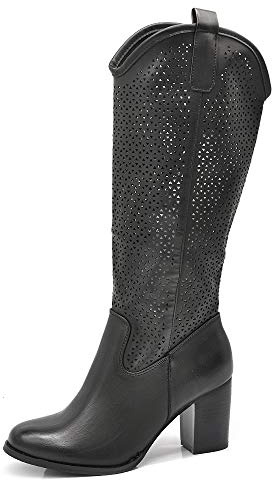IF Stivali Donna Camperos Trafomati al Ginocchio, Stivali Texani Estivi Effetto Pelle con Tacco Largo, Punta Tonda, Gambale Laser Cut, Stivali Western Cowboy Casual G627
