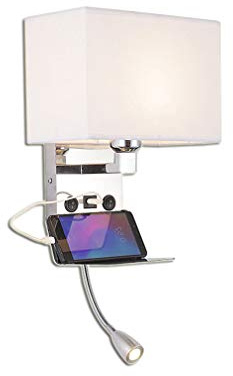 Applique murale avec port USB et LED 3 W - Blanc chaud - Lampe de lecture - Lampe murale - Avec tuyau réglable - Éclairage mural en tissu - Culot E27 - Lampe de chevet avec 2 interrupteurs (blanc)