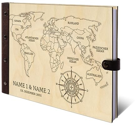 Personalisiertes Hochzeit Gästebuch echtes Holz DIN A4 Hochzeitsbuch mit Lasergravur - Weltkarte - mit 72 Blatt / 144 Seiten Naturpapier Weiß