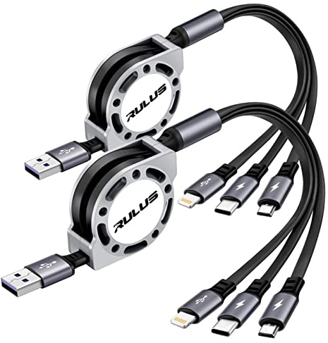 RULUS Multi Charging Cable 3A 2Pack 4Ft 3-in-1 Retractable USB Fast Charge Cord with IP/Type-C/Micro-USB Port for Phone 12 11 Xs Xr X 8 7 6,Samsung Galaxy,Huawei,LG,Tablets