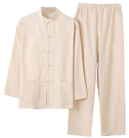 Cinese Tradizionale Manica Lunga Tang Costume Kung Fu Uniforme Camicia da Uomo Kung Fu Giacca Pantalone, Cotone Puro Tai Chi Uniforme, Hanfu Kung Fu Wing Chun Ch, beige, 4XL-5XL