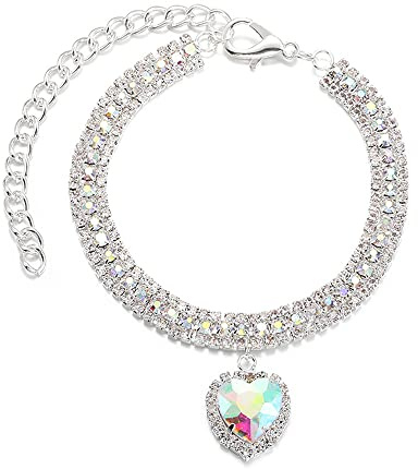 LtuzPet 3-reihiges Strass-Haustierhalsband mit Diamanten, Halskette, Herz-Anhänger, verstellbar, Haustier-Glitzer-Halsband, Katzen-Hund, Ornament, Haustier-Schmuck-Zubehör