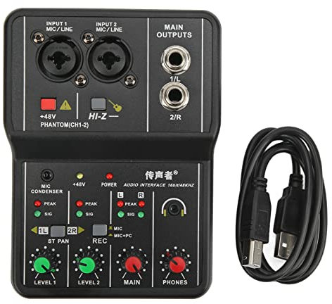Table de Mixage Audio 2 Canaux, Carte Son USB 48 V Phantom Power Console de Mixage Sonore Compacte, Carte Son USB pour Enregistrement PC pour Enregistrement de Musique Karaoké à Domicile Karaoké Inter