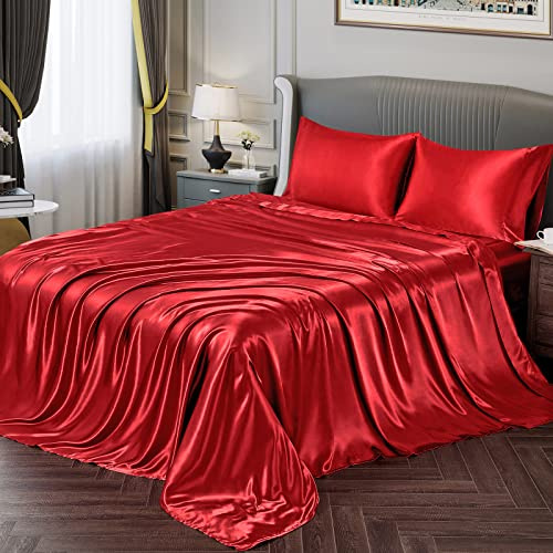 Vonty Satin Sheets Queen Silky Soft Satin Bed Sheets Red Sheet Set, 1 Deep Pocket Fitted Sheet + 1 Flat Sheet + 2 Pillowcases