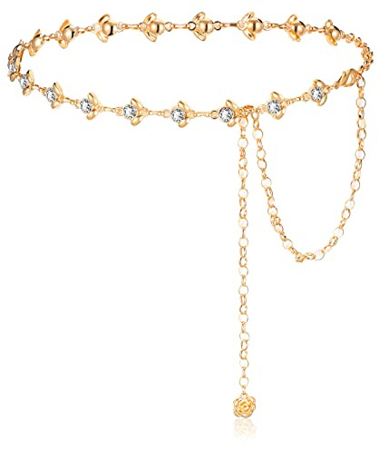 Bencailor Chain Belt for Women Long Waist Belts for Dress, Crystal Waist Rhinestone Wide Woman Belt for Belly Body Costume Jewelry(53 Inch,Gold)