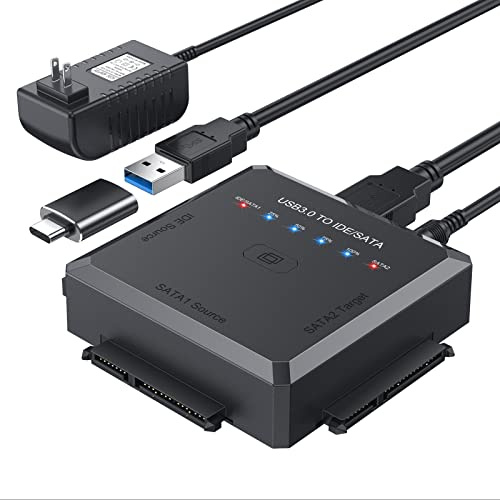 ULXUUUN Hard Drive Reader Ultra Recovery Converter, SATA IDE to USB 3.0 Adapter for 2.5 3.5 HDD/SSD, USB to SATA/IDE One Touch Clone with 12V Power Adapter