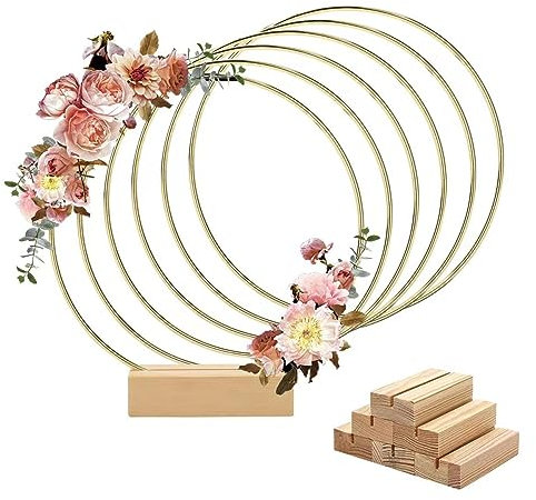 Worown 6 Piezas Aros de Metal 20cm, Anillo Metalicos Oro con 6 Soportes de Madera Natural, Aros para Centro de Mesa pare Bodas, Fiestas, Banquetes, Eventos