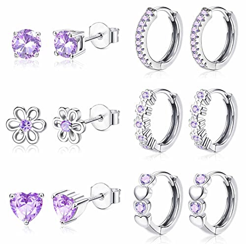 JeweBella Set med 6 par små örhängen för kvinnor och flickor, 925 sterlingsilver, allergivänliga broskörhängen, blomhjärta, kreoler, rosa, lila, blå, örhängen, set för barn