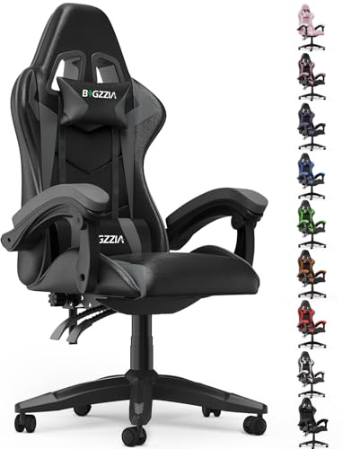 Bigzzia Gaming Chair Reclining PC Chair Ergonomic Design with Cushion | Easy-clean Faux leather, up to 110kg with Linked Armrest Reclining Range 90°-155° (Gray)
