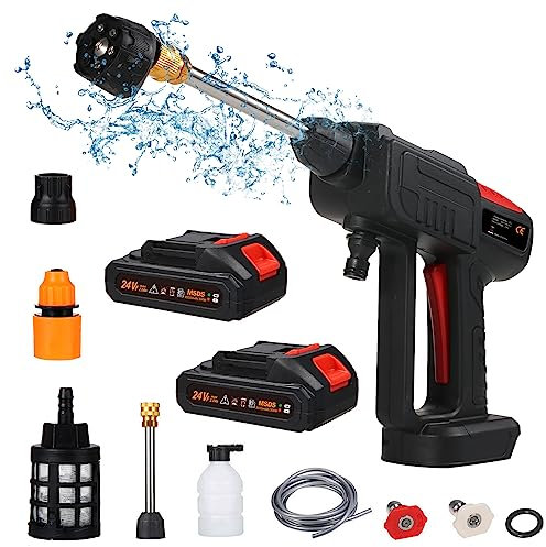 CalmGeek Cordless Pressure Washer Max 60Bar 150W Portable Pressure Washer 6-in-1 Nozzle with 2 x 7500mah 24V Battery for Car Fence Floor Cleaning Watering, Black-150W