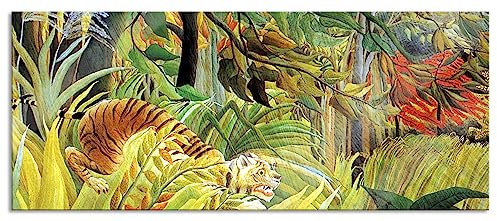 Pixxprint Glasbild Panorama, Wandbild aus Echtglas, Henri Rousseau - Tiger vom tropischen Sturm überrascht, 120x50 cm, inkl. Aufhängung und Abstandshalter